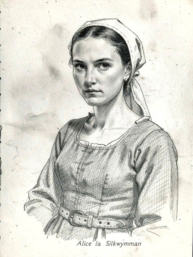 A pencil sketch portrait of Alice la Silkwymman